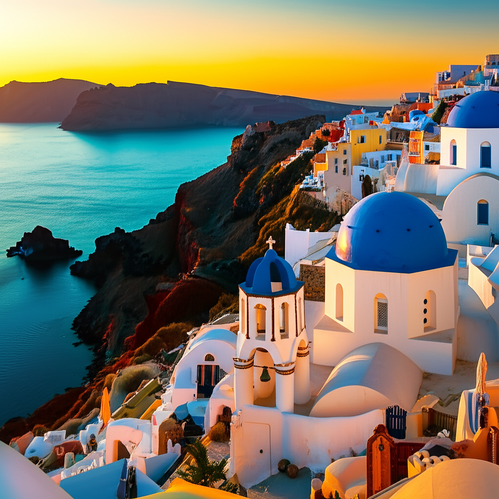 산토리니 석양이 비치는 화이트 하우스 풍경