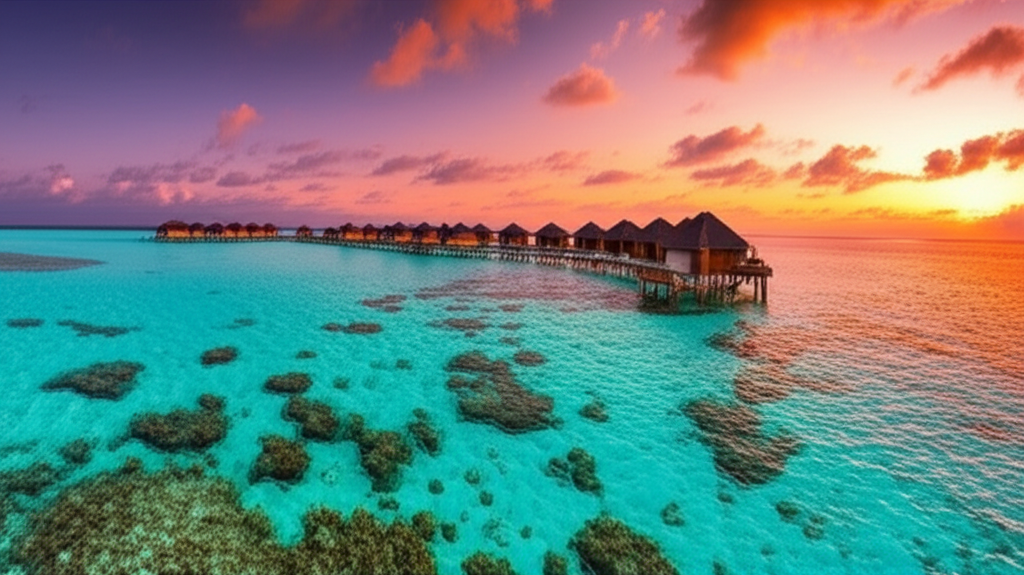 몰디브 수상 방갈로와 투명한 바다